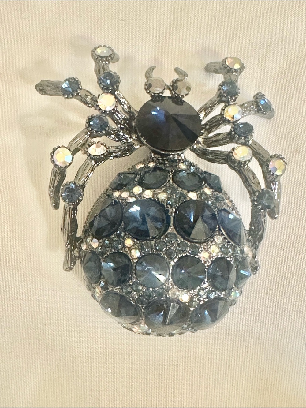 Silver Tone Blue Crystal Spider Brooch